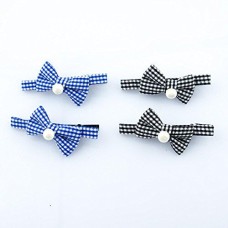 HAND Small Gingham Check Pattern Pretty Hair Clip with a Fabric Bow and Pearlescent Bead - Pack of 4