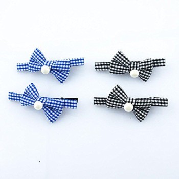 HAND Small Gingham Check Pattern Pretty Hair Clip with a Fabric Bow and Pearlescent Bead - Pack of 4