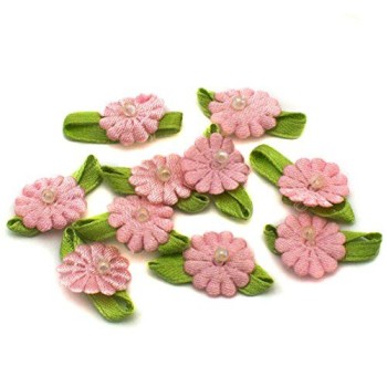 HAND H0627 Silky Fabric Flower Sew On Trims, Embellishments with Pearl Effect Centres and Ribbon Leaves Size 25 mm x 16 mm Pack of 50 Pink