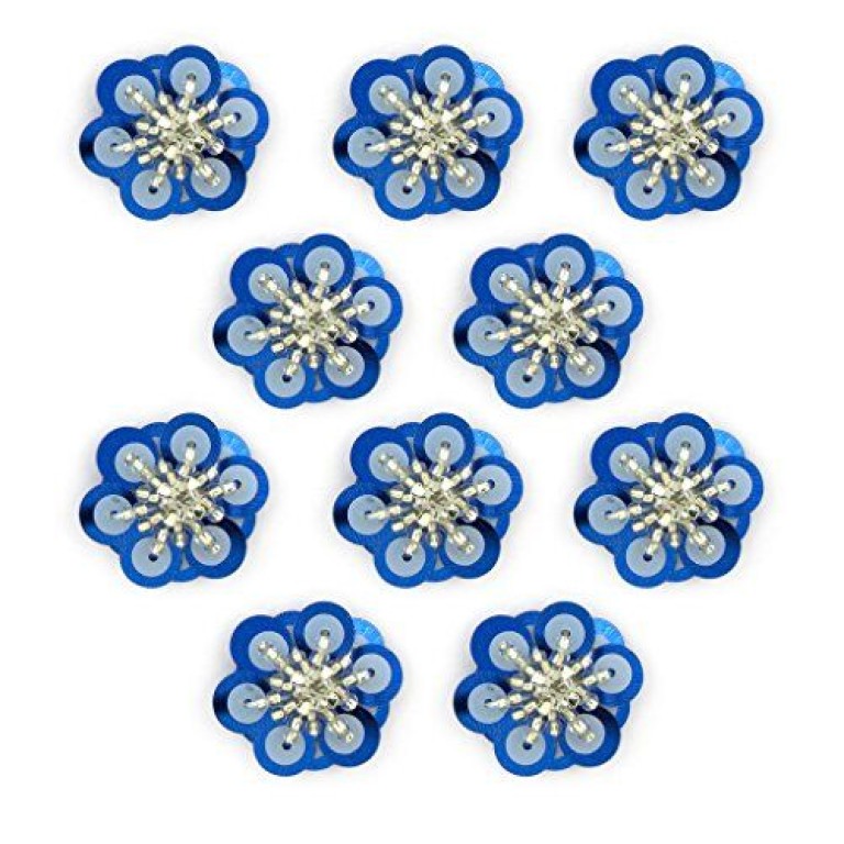 HAND No.13 Blue and Silver Sequins Little beads Diamonte Sew-On Flower Trims - Embellishments for Clothing, Accessories - Pack of 10 HAND No.13 Blue and Silver Sequins Little beads Diamonte Sew-On Flower Trims - Embellishments for Clothing, Accessories - Pack of 10