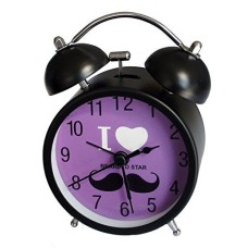 "I Love Mustache" Extremely Silent Metal Twin Bell Alarm Clock - Assorted Colours and Sizes (US2035 Black/Purple)