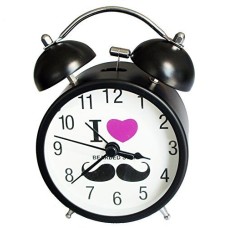 "I Love Mustache" Extremely Silent Metal Twin Bell Alarm Clock - Assorted Colours and Sizes (US2035 Black/White)