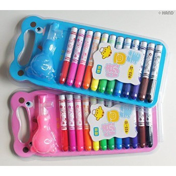 925-12 Childrens Cute Magic Pens, Blow Markers (pack of 12) with Stencils and Sketch Book