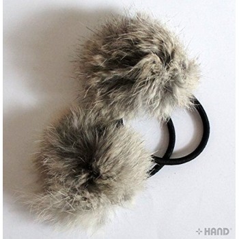 A Pair of Lovely Pom Pom Hair Bands, Decorative Pom Poms w/Band - 2 (Real Grey Rabbit Fur)