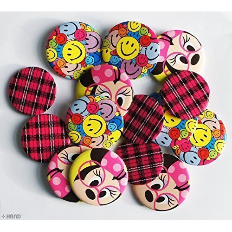 HAND Fashion Cute Assorted Party Bags Badges (Minnie Mouse, Smiley Face, Check Designs) - pack of 15 HAND Fashion Cute Assorted Party Bags Badges (Minnie Mouse, Smiley Face, Check Designs) - pack of 15