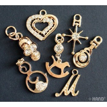 P27 Assorted Designs Gold Zip Pulls, Tags, Fasteners with Diamonds, with Eyelet, Pack of 7