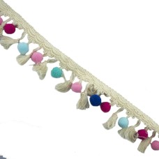 HAND® Colourful Pom Pom Trim Embellishment with Off-White Tassel Base - 2 Metres