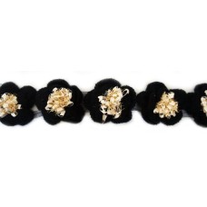 T 08 - Decorative Mixed Black and Beige Knitted Flower with Tinsel Net Trim - 1m