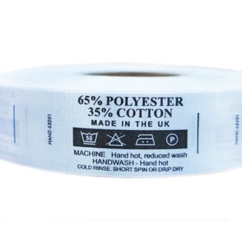 Fabric Printed Wash Care Labels 65% POLYESTER 35% COTTON, 50 Degree, 1 Bar, DO NOT BLEACH, 2 Dots Iron, Tumble Dry, 25mmWx61mmL, Roll of 1000 Get the DEAL
