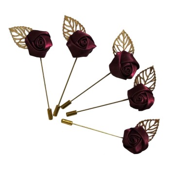 RRP02 Unisex Burgundy Rose with Gold Leaf Lapel Pin, Scarf, Hat, Collar, Coat Stick Brooch Pin - Pack of 5