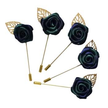 GBRP03 Unisex Dark Green and Blue Rose with Gold Leaf Lapel Pin, Scarf, Hat, Collar, Coat Stick Brooch Pin - Pack of 5