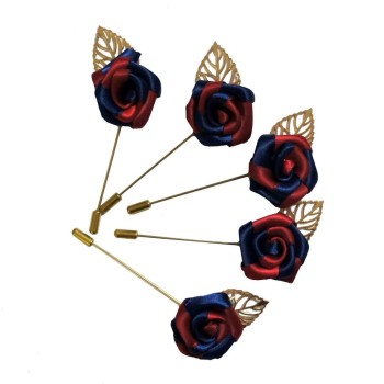 RBRP04 Unisex Burgundy and Dark Blue Rose with Gold Leaf Lapel Pin, Scarf, Hat, Collar, Coat Stick Brooch Pin - Pack of 5