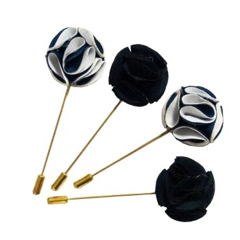 GBFP08 Unisex Dark Green/Navy and White/Blue Flower Lapel Pin, Scarf, Hat, Collar, Coat Stick Brooch Pin - Pack of 4