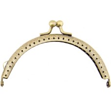 HAND PF12 Antique Bronze Tone Round Purse Frame - 105 x 55 mm - with Decorative Flower Engravings and Perforations, and Kiss Clasp Lock Handle