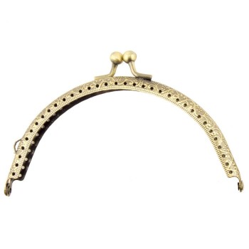 HAND PF12 Antique Bronze Tone Round Purse Frame - 125 x 65 mm - with Decorative Flower Engravings and Perforations, and Kiss Clasp Lock Handle