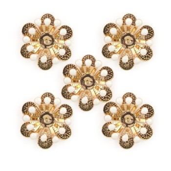 HAND Gold and White Enamel Flower Sew-On Trims - Embellishments for Clothing, Accessories - Pack of 5