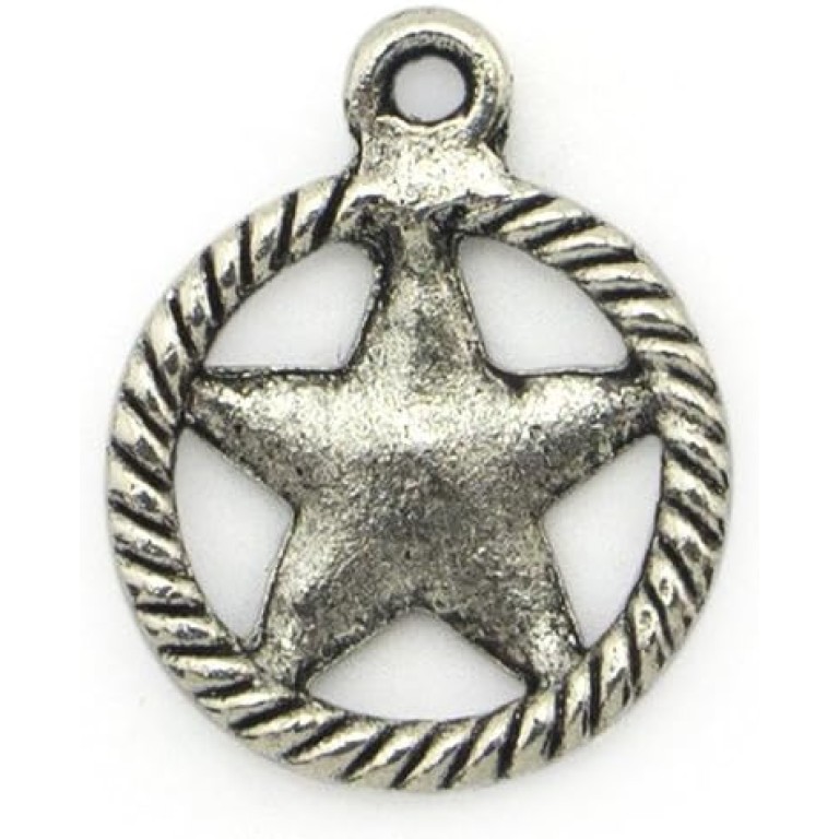 HAND Silver Metal Circled Star Pendants with Details - for Necklaces, Jewellery, Clothing, Bags and Accessories - Pack of 5 HAND Silver Metal Circled Star Pendants with Details - for Necklaces, Jewellery, Clothing, Bags and Accessories - Pack of 5