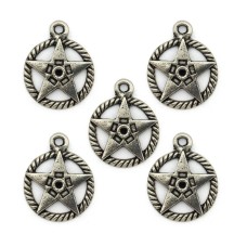 HAND Silver Metal Circled Star Pendants with Details - for Necklaces, Jewellery, Clothing, Bags and Accessories - Pack of 5