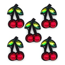 HAND Red Cherry Sew-On Embroidered Trims with Green Crystals and Red Beads - Perfect for Blouses, Skirts, Coats, Bags and Accessories - Pack of 5