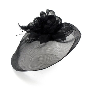Ladies' Fashionable Feather Flower Bead Detailed and Mesh Ascot/Derby Day Fascinator Hat Headdress - Black