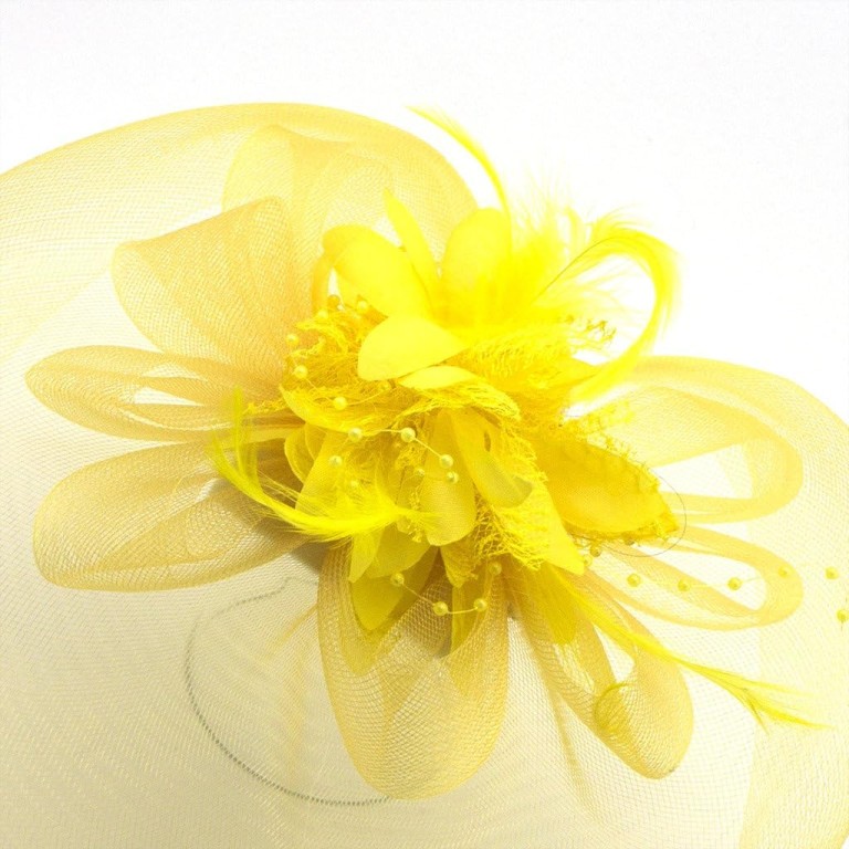 Ladies' Fashionable Feather Flower Bead Detailed and Mesh Ascot/Derby Day Fascinator Hat Headdress - Yellow Ladies' Fashionable Feather Flower Bead Detailed and Mesh Ascot/Derby Day Fascinator Hat Headdress - Yellow
