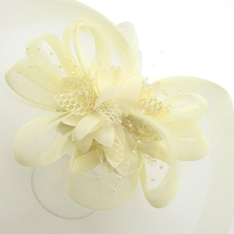 Ladies' Fashionable Feather Flower Bead Detailed and Mesh Ascot/Derby Day Fascinator Hat Headdress - Cream Ladies' Fashionable Feather Flower Bead Detailed and Mesh Ascot/Derby Day Fascinator Hat Headdress - Cream