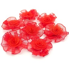 HAND Organza Flower Sew On Trims, Embellishments 30 mm Pack of 10 Red
