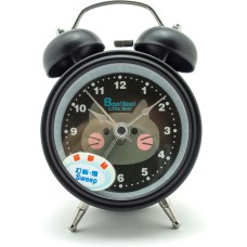 HAND H0639 Silent Sweep Metal Twin Bell Kids Alarm Clock with Boo! Boo! Cat Design Size 4.5" x 3" Black