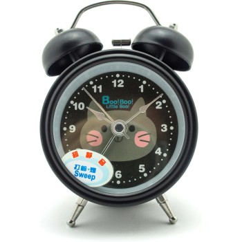 HAND H0639 Silent Sweep Metal Twin Bell Kids Alarm Clock with Boo! Boo! Cat Design Size 4.5" x 3" Black HAND H0639 Silent Sweep Metal Twin Bell Kids Alarm Clock with Boo! Boo! Cat Design Size 4.5" x 3" Black