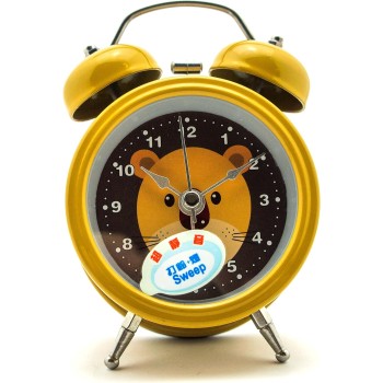 HAND H0644 Silent Sweep Metal Twin Bell Kids Alarm Clock with Cute Bear Design Size 4.5" x 3" Mustard
