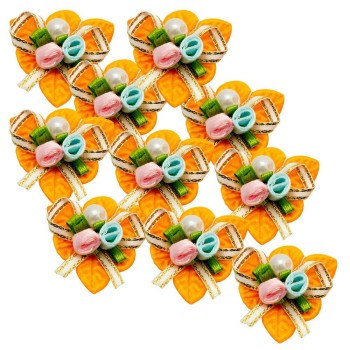 HAND Pretty Fabric Ribbon and Bead Sew In Multi Flower Trim for Clothing and Accessory Embellishment 35 mm x 35 mm Pack of 10, Orange