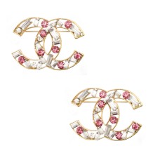 HAND Stylish XNE-001 Pin Brooch with Rose and Clear Crystal Diamante Gems in a Gold Coloured Frame Setting - 4 cm x 3 cm - Pack of 2