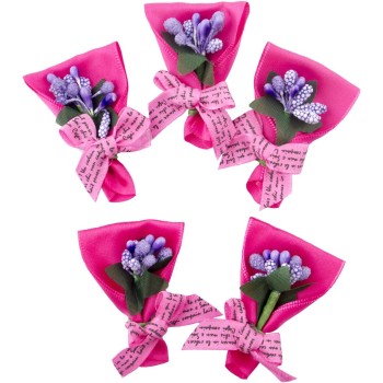 HAND H1000 Bright Pink Pretty Ribbon Decorative Bow and Berry Bouquet Fabric Embellishment Trims - Pack of 5