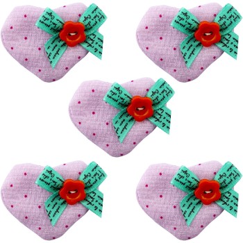 HAND H1007 Soft Padded Lilac Pink Pretty Polka Dot Decorative Heart Bow and Flower Fabric Embellishment Trims - Pack of 5