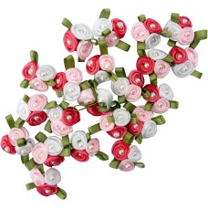 HAND Pretty 3 Pearls Red White Pink Ribbon Roses Trims for Clothing and Accessory Embellishment - Pack of 20