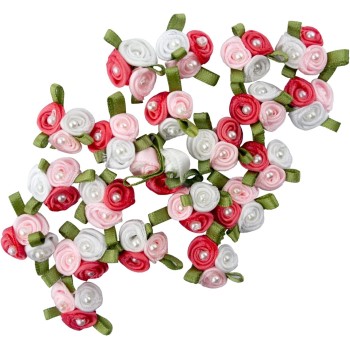 HAND Pretty 3 Pearls Red White Pink Ribbon Roses Trims for Clothing and Accessory Embellishment - Pack of 20