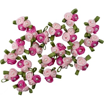HAND Pretty 3 Pearls Dark & Light Pink Ribbon Roses Trims for Clothing and Accessory Embellishment - Pack of 20