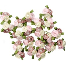 HAND Pretty 3 Pearls Rose, Pink & Cream Ribbon Roses Trims for Clothing and Accessory Embellishment - Pack of 20