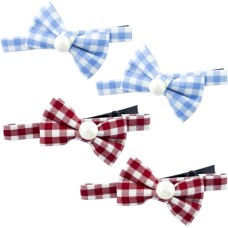 HAND Large Gingham Check Pattern Pretty Hair Clip with a Fabric Bow and Pearlescent Bead - Pack of 4