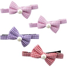 HAND Small Gingham Check Pattern Pretty Hair Clip with a Fabric Bow and Pearlescent Bead - Pack of 4