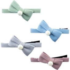 HAND Single Colour Pretty Hair Clip with a Fabric Bow and Pearlescent Bead - Pack of 4
