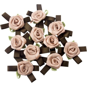 HAND Large Rose Blush Flower Trims with Chocolate Brown and Green Ribbons - 60 mm x 40 mm - Pack of 10
