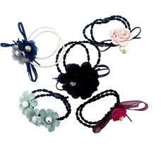 HAND Pretty Hair Bands with Assorted Flower and Bead Designs with Double Strand Elasticated Loops - Pack of 5
