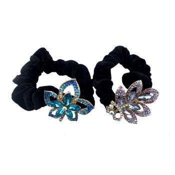 HAND A Pair of Attractive Black Velvet Hair Bands Ponytail Hair Bun Holder with Encrusted Crystal Flower Leaf Motifs