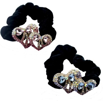 HAND A Pair of Attractive Black Velvet Hair Bands Ponytail Hair Bun Holder with Encrusted Crystal Hearts and Bows Motifs
