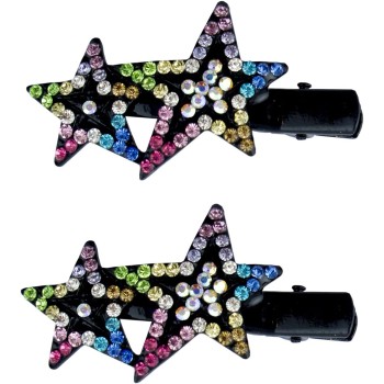 HAND Cute Black Hair Pin Barrettes with Colourful Crystal Stars Design - 60 mm - Pack of 2