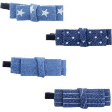 HAND Demin Fabric Casual Look Bow Hairclip Barrettes Straight Bow Wrap with Assorted Patterns 70mm x 18mm - Pack of 4
