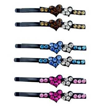 HAND Colourful Hearts Design Crystal Hair Pin Barrettes - 6 cm Long - Pack of 3 Pairs