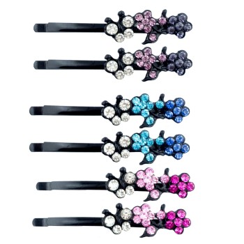 HAND Colourful Flowers Design Crystal Hair Pin Barrettes - 6 cm Long - Pack of 3 Pairs