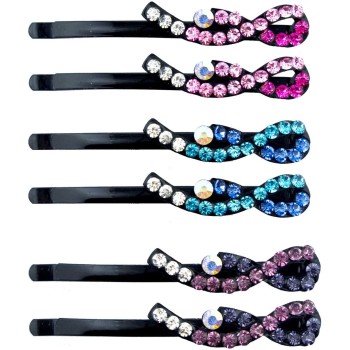 HAND Colourful Figure of Eight Design Crystal Hair Pin Barrettes - 6 cm Long - Pack of 3 Pairs